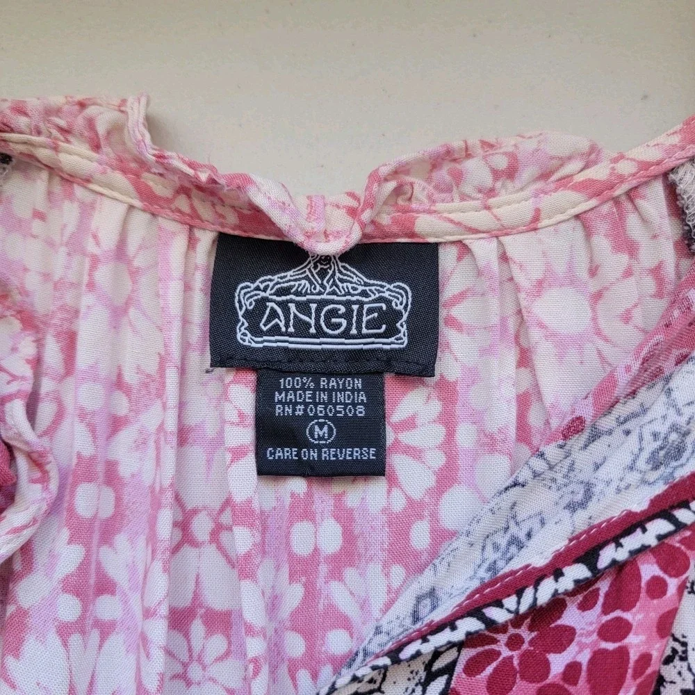 Angie Mini Dress Womens Medium Pink Floral Medallion Smocked Waist Boho Cowgirl